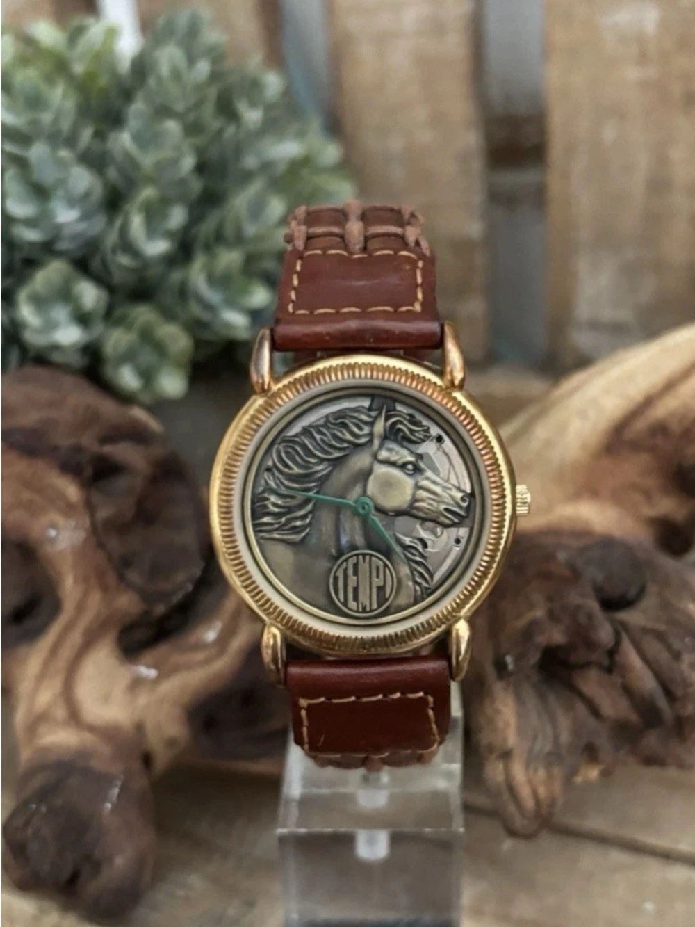 Vtg. RARE One-of-a-kind Tempi Brass Horse Head Genuine Leather Watch NEW!